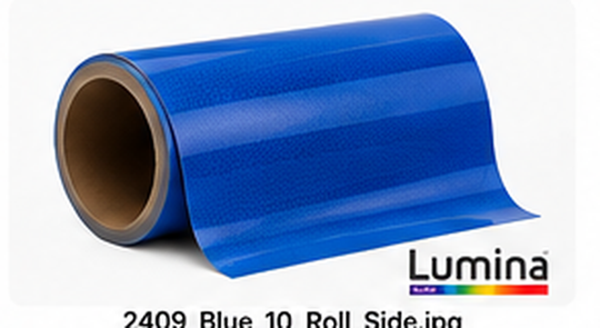 Illustrative side view of Blue reflective vinyl roll for FDC Lumina 2409; not an actual product photograph