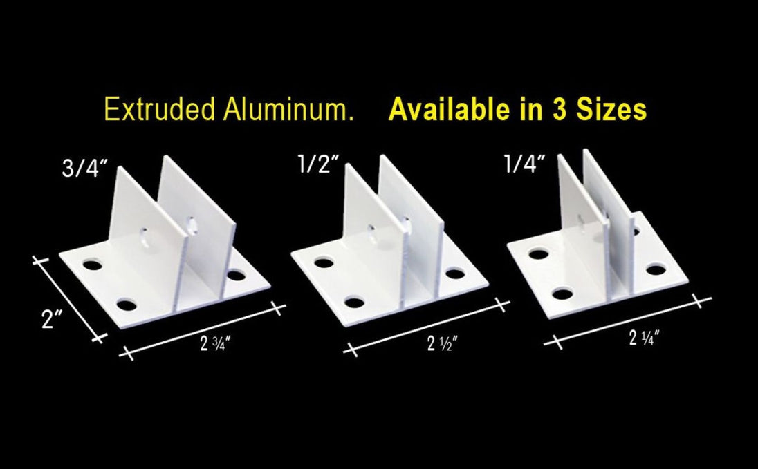 Extruded aluminum brackets with dimensions on a black background