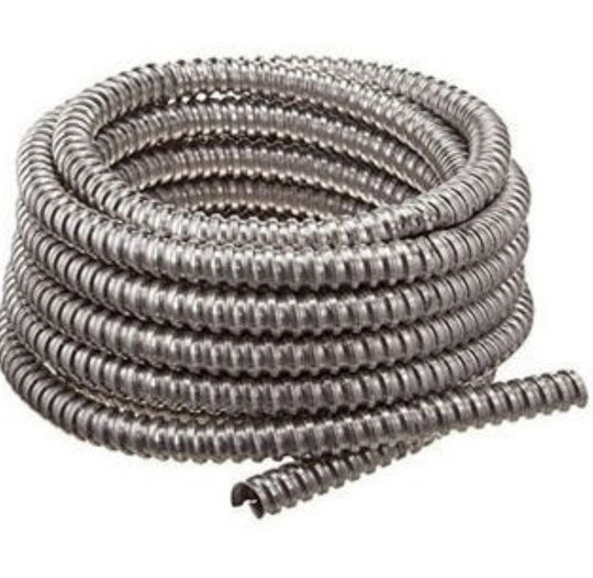 Coiled metal hose on a white background