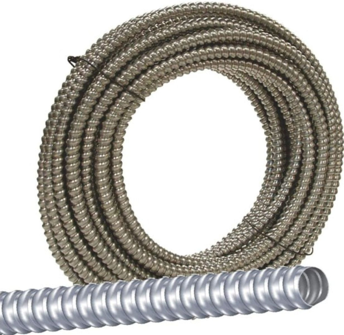 Coiled metal flexible conduit on a white background