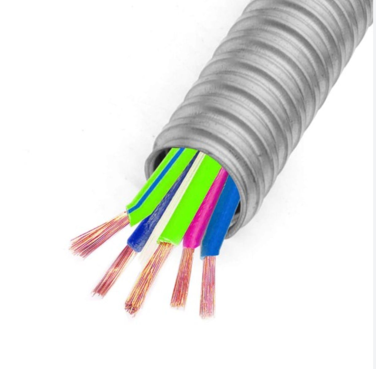 Coiled cable with multicolored wires inside on a white background
