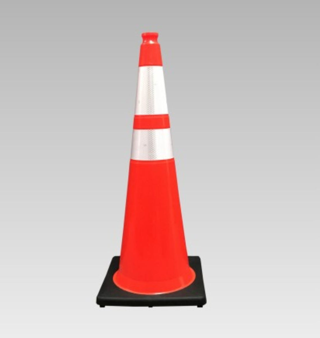 Orange traffic cone with reflective silver band on a gray background