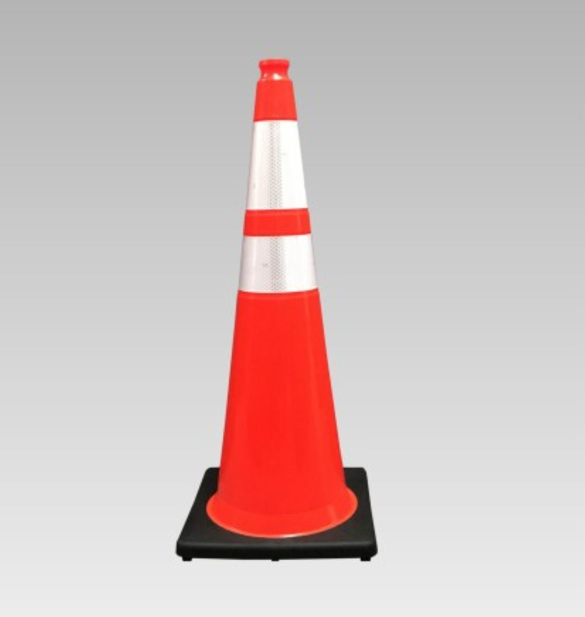 Orange traffic cone with reflective silver band on a gray background