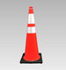 Orange traffic cone with reflective silver band on a gray background
