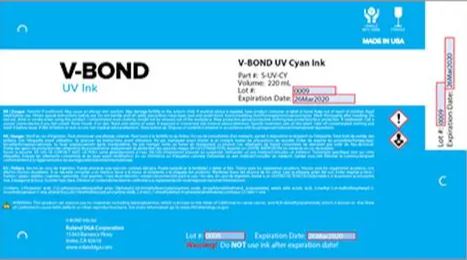 V-Bond UV Cyan Ink packaging with product details on a blue background