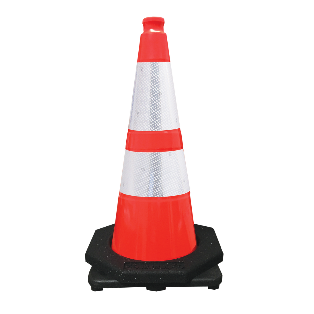 Orange and white traffic cone with black base on a white background
