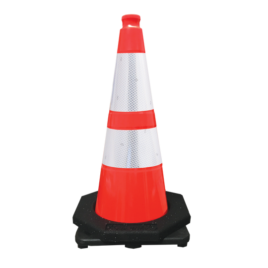 Orange and white traffic cone with black base on a white background