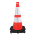 Orange and white traffic cone with black base on a white background
