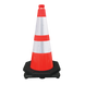 Orange and white traffic cone with black base on a white background