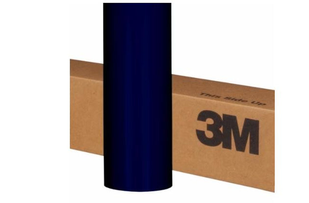 Roll of blue vinyl wrap with a cardboard box featuring the 3M logo on a white background