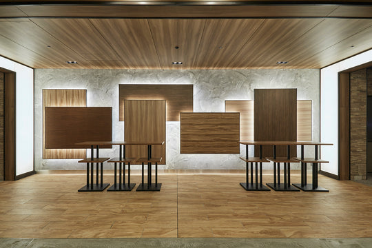 Modern interior with wooden panels and tables