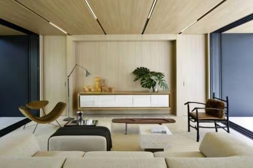 Modern living room with neutral tones and minimal decor