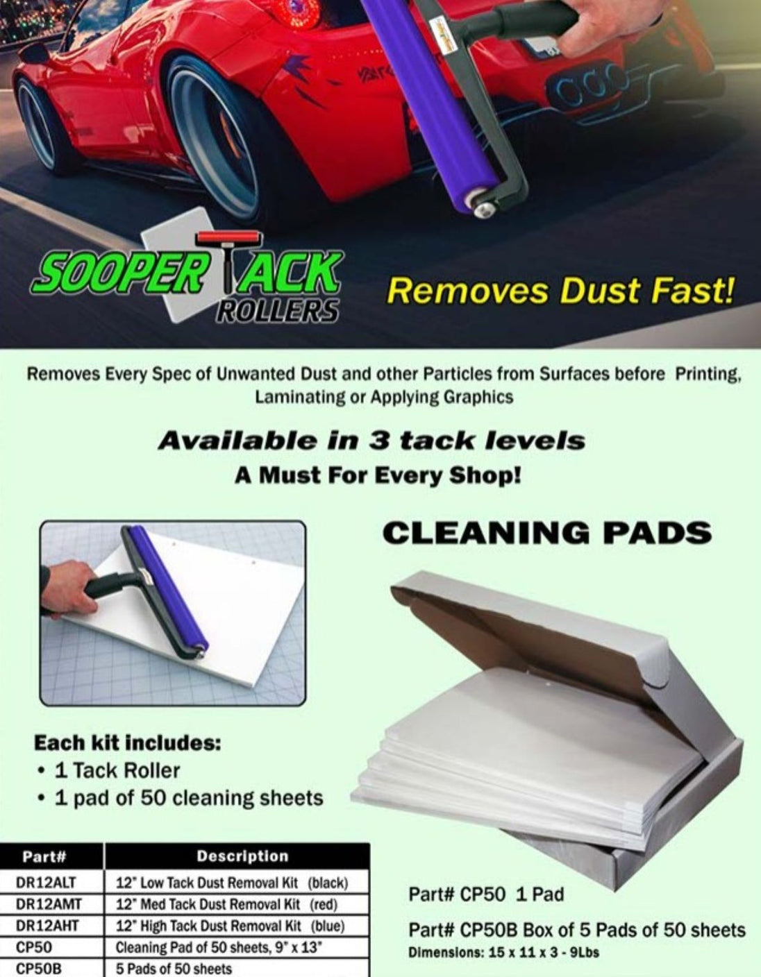 Advertisement for Sooper Tack Rollers with a red car and cleaning pads.