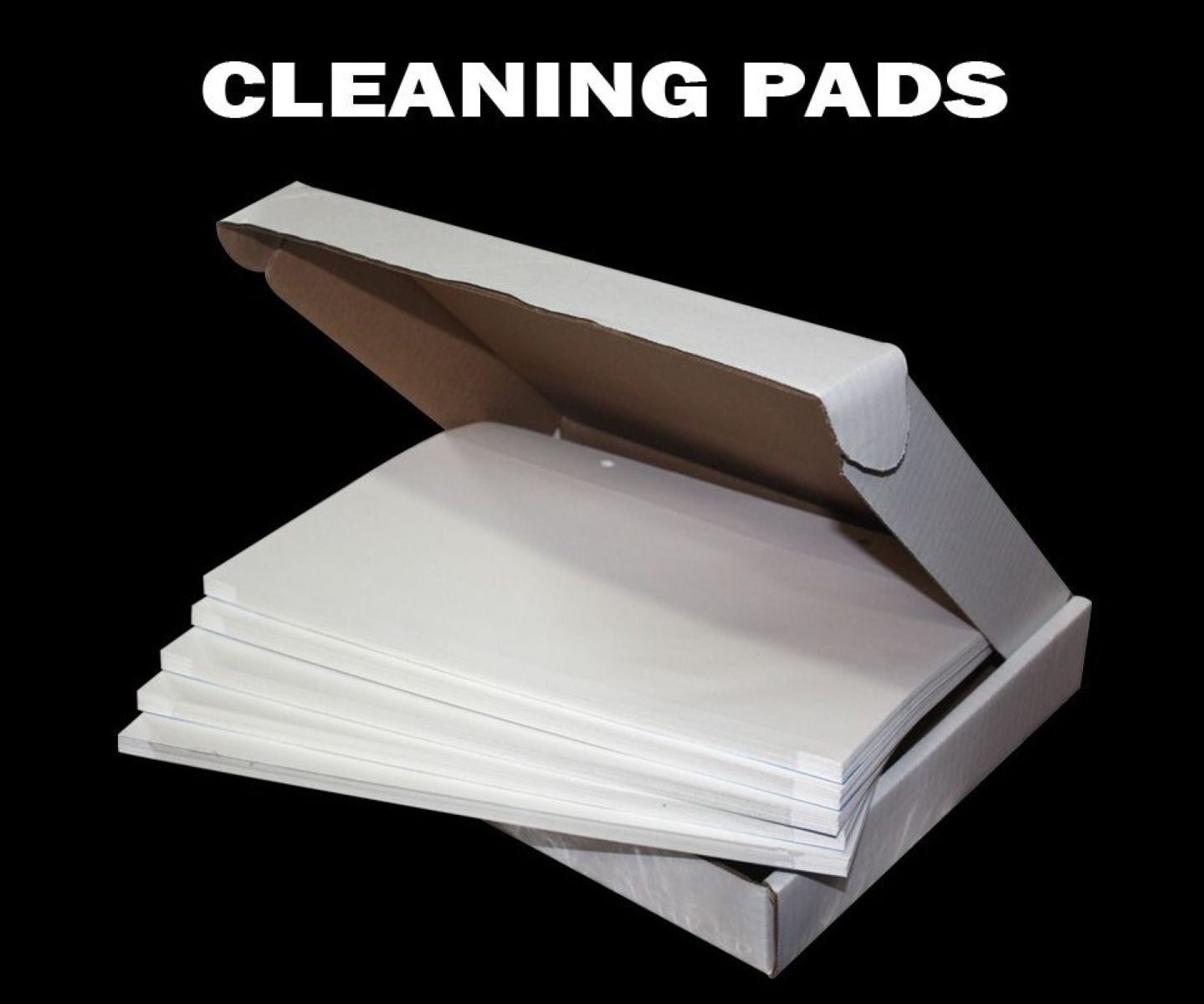 Box of cleaning pads with 'CLEANING PADS' text on a black background