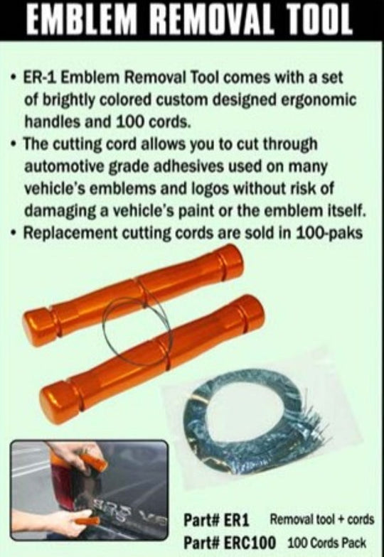 Emblem removal tool with handles and cutting cords on a promotional poster.