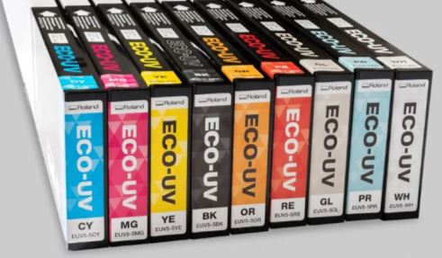 Set of Roland Eco-UV ink cartridges in various colors on a gray background