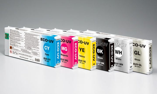 Set of CO-UV ink cartridges in various colors on a gray background