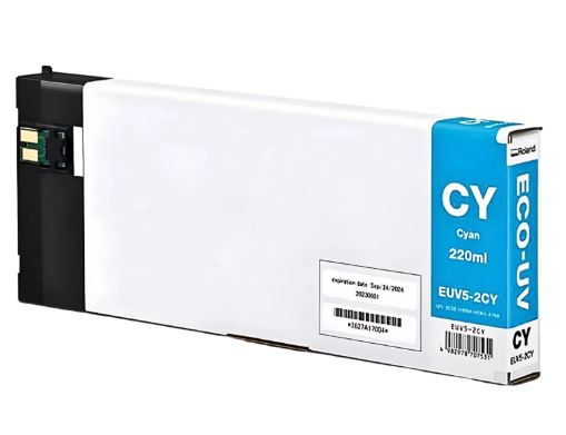 Cyan ink cartridge with label on a white background