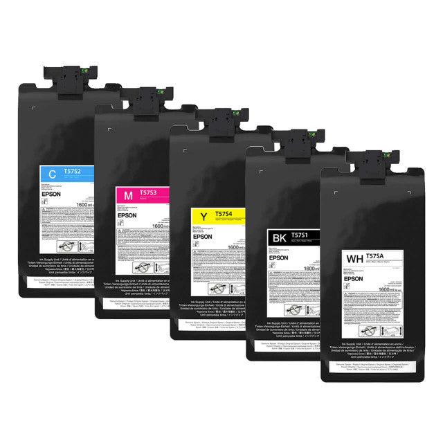 Five Epson toner cartridges arranged in a staggered row on a white background, showing color labels C, M, Y, black, and white.