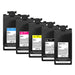Five Epson toner cartridges arranged in a staggered row on a white background, showing color labels C, M, Y, black, and white.