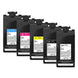 Five Epson toner cartridges arranged in a staggered row on a white background, showing color labels C, M, Y, black, and white.