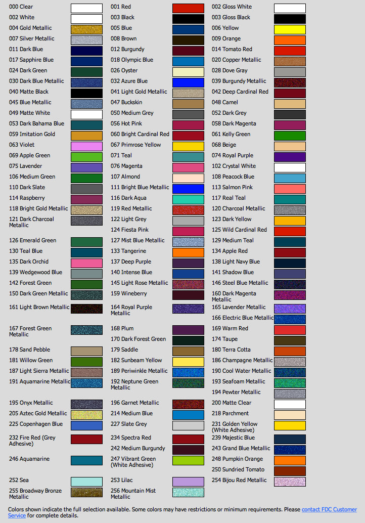 FDC Lumina 2100 and 2200 high performance vinyl color reference chart