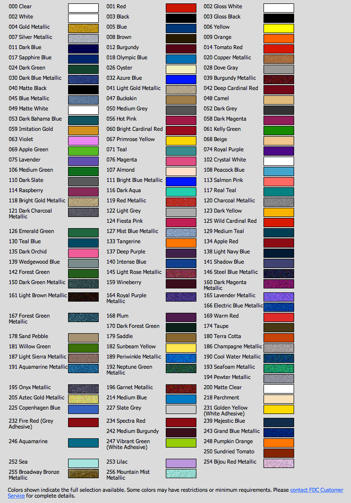 FDC Lumina 2100 and 2200 high performance vinyl color reference chart