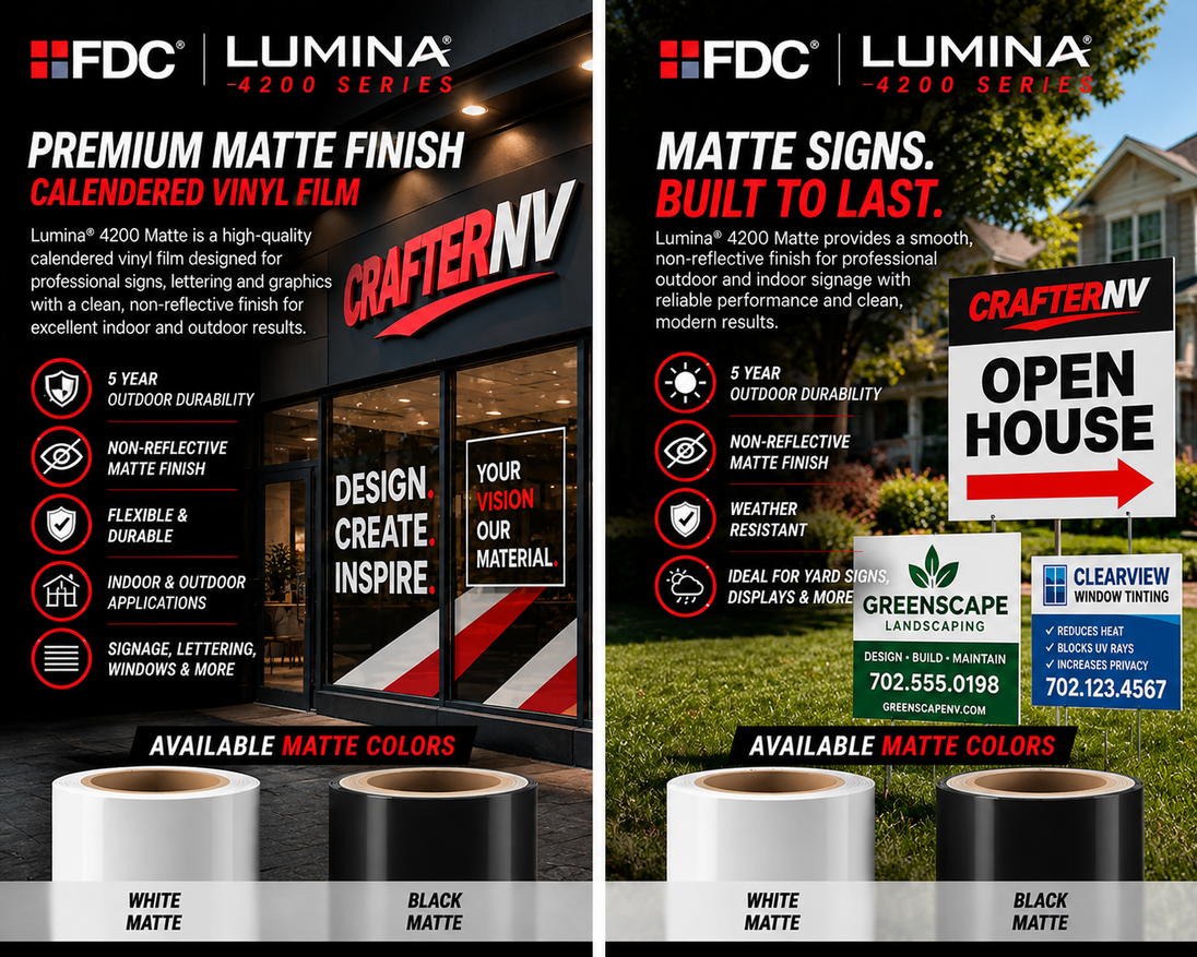 FDC Lumina 4200 matte black and white vinyl storefront and yard sign application illustration