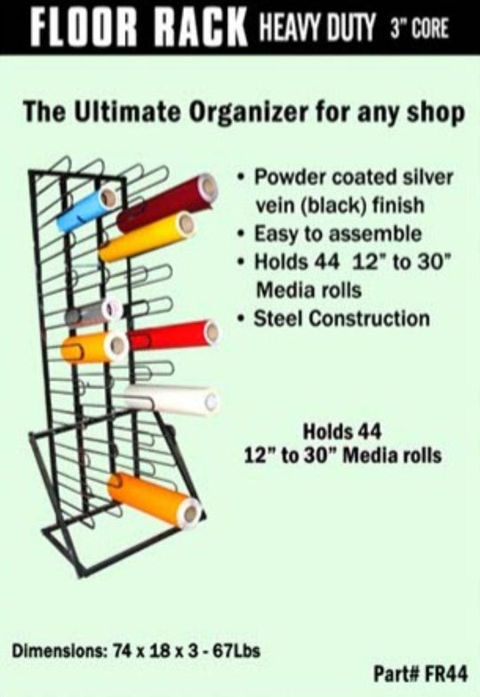 Heavy-duty floor rack for media rolls with specifications on a green background