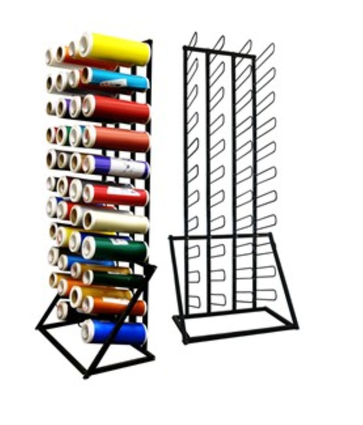 Colorful spools of thread on a stand with a separate grid-like stand on a white background
