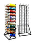 Colorful spools of thread on a stand with a separate grid-like stand on a white background
