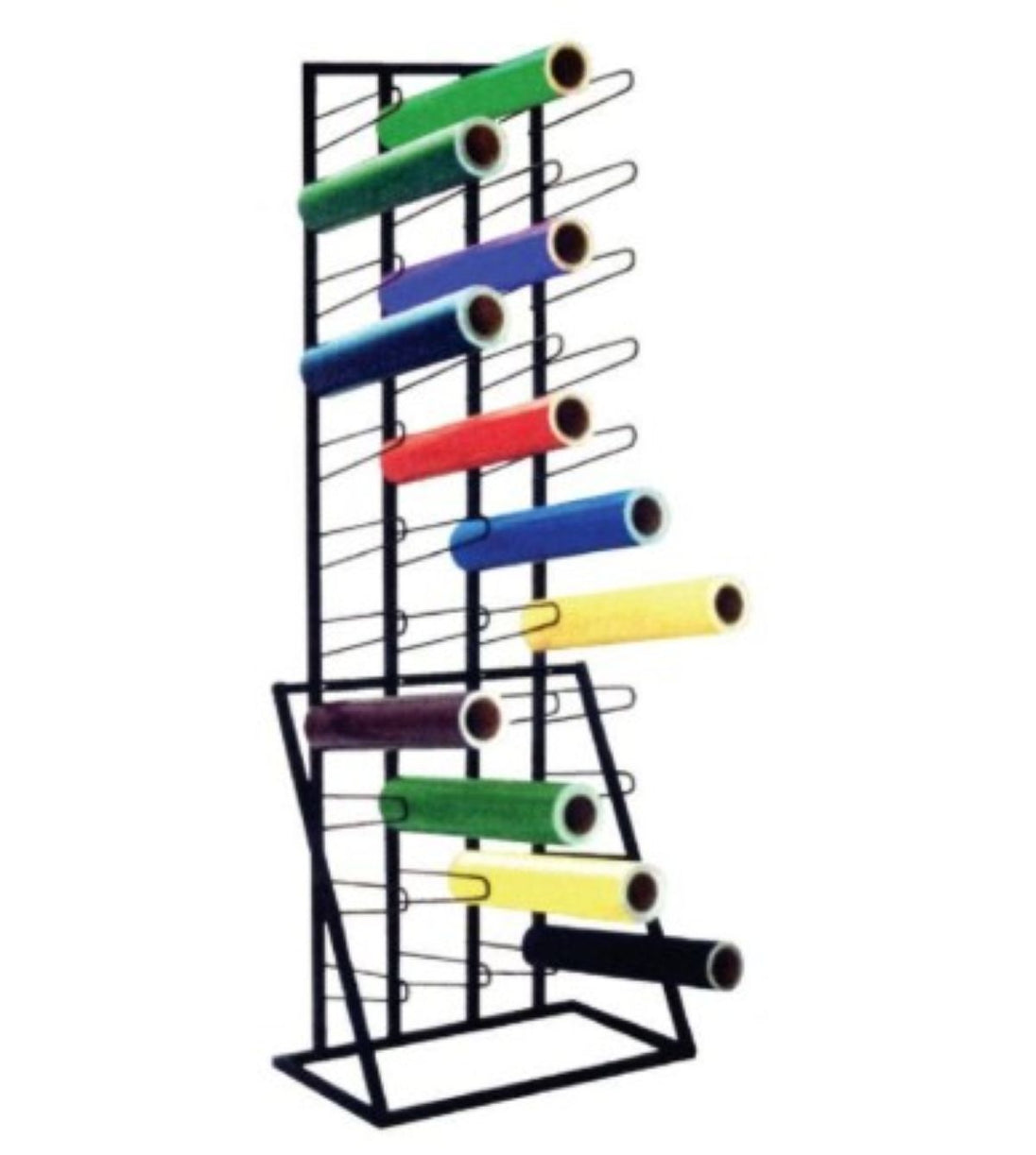 Colorful spools on a metal stand against a white background