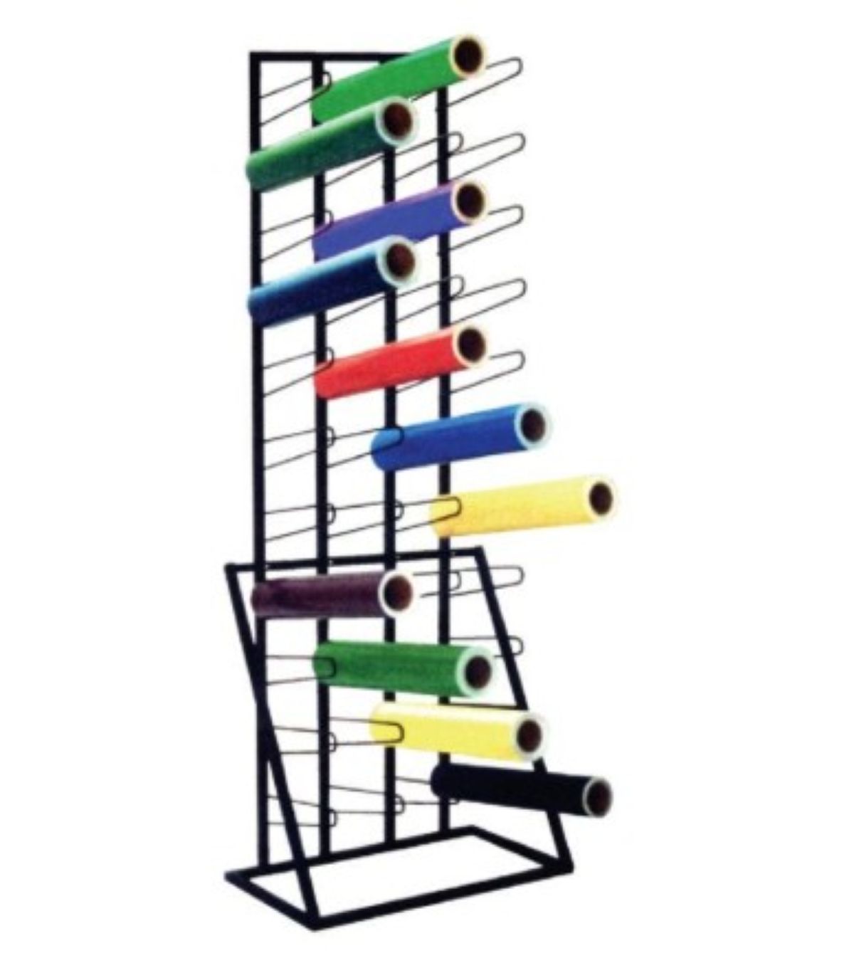 Colorful spools on a metal stand against a white background