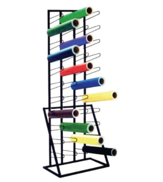 Colorful spools on a metal stand against a white background