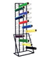 Colorful spools on a metal stand against a white background