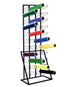 Colorful spools on a metal stand against a white background