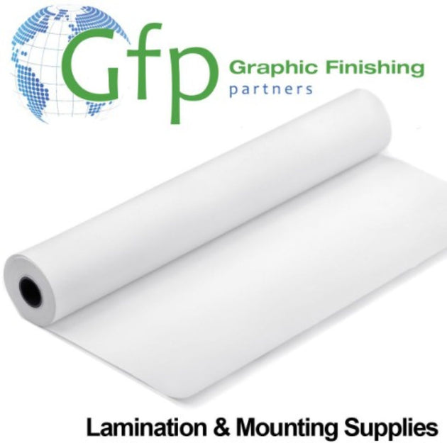Roll of paper with Gfp Graphic Finishing Partners logo and text about lamination and mounting supplies.