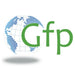 Logo with a globe and 'Gfp' text on a white background