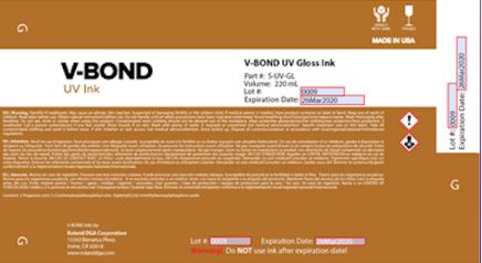 V-Bond UV Gloss Ink packaging with product details on a brown background