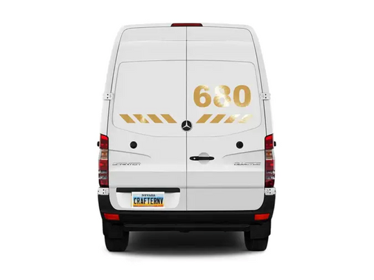 White van with gold numbering on a white background