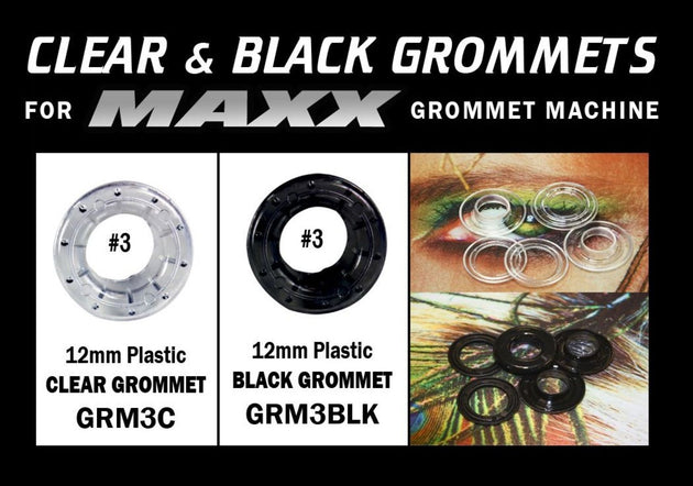 Clear and black grommets for Maxx grommet machine with product images and labels.