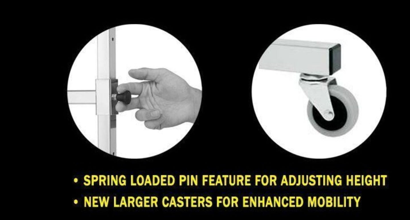 Illustration of a spring-loaded pin feature and larger casters on a black background.