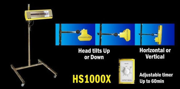HS1000X ultraviolet light sterilizer with adjustable stand and timer on a black background