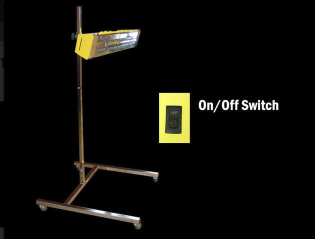 Yellow on/off switch attached to a metal stand with a black background
