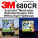 Advertisement for 3M 680CR Scotchlite Removable Reflective Graphic Film with Comply Adhesive, showing a truck with a delivery service sign.