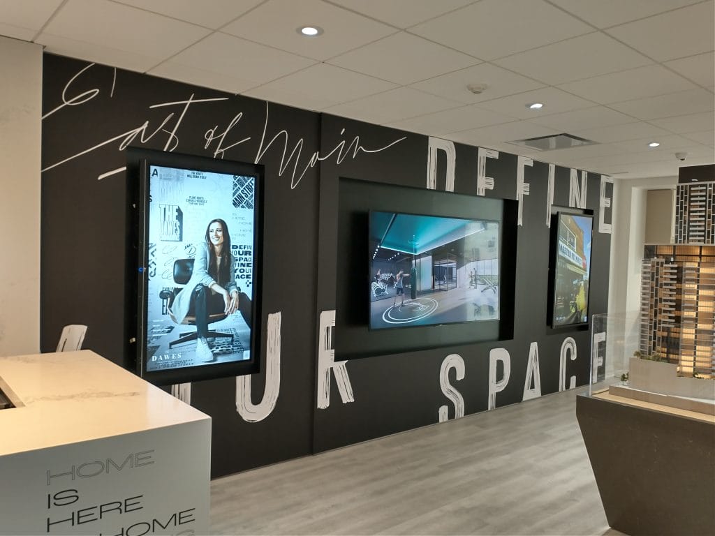 Interior video wall graphics printed on Drytac ReTac Textures Linen wallcovering