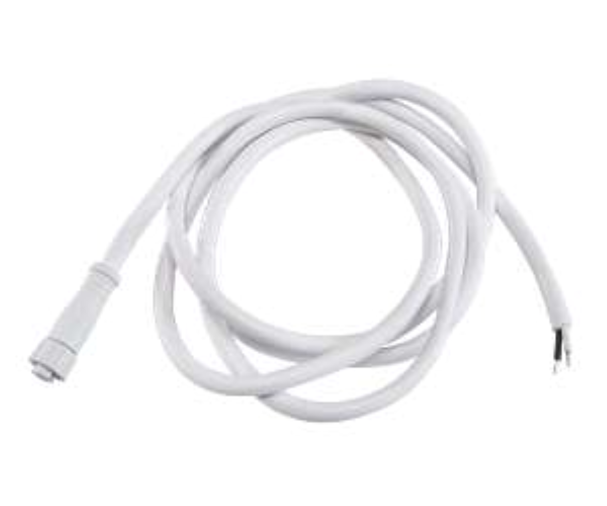 A white coiled power cable with a connector on one end and bare wire ends on the other, shown on a plain white background.