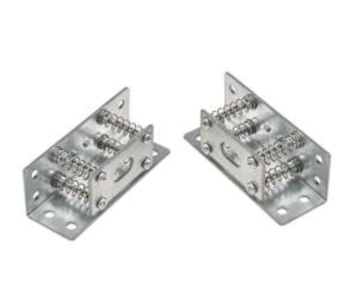 Two metal brackets with springs on a white background