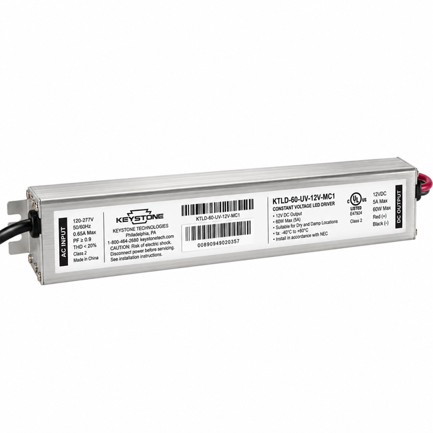 Keystone Technologies KTLD-60-UV-12V-MC1 constant voltage LED driver power supply, featuring a silver metal housing with black and red wires, shown on a white background.