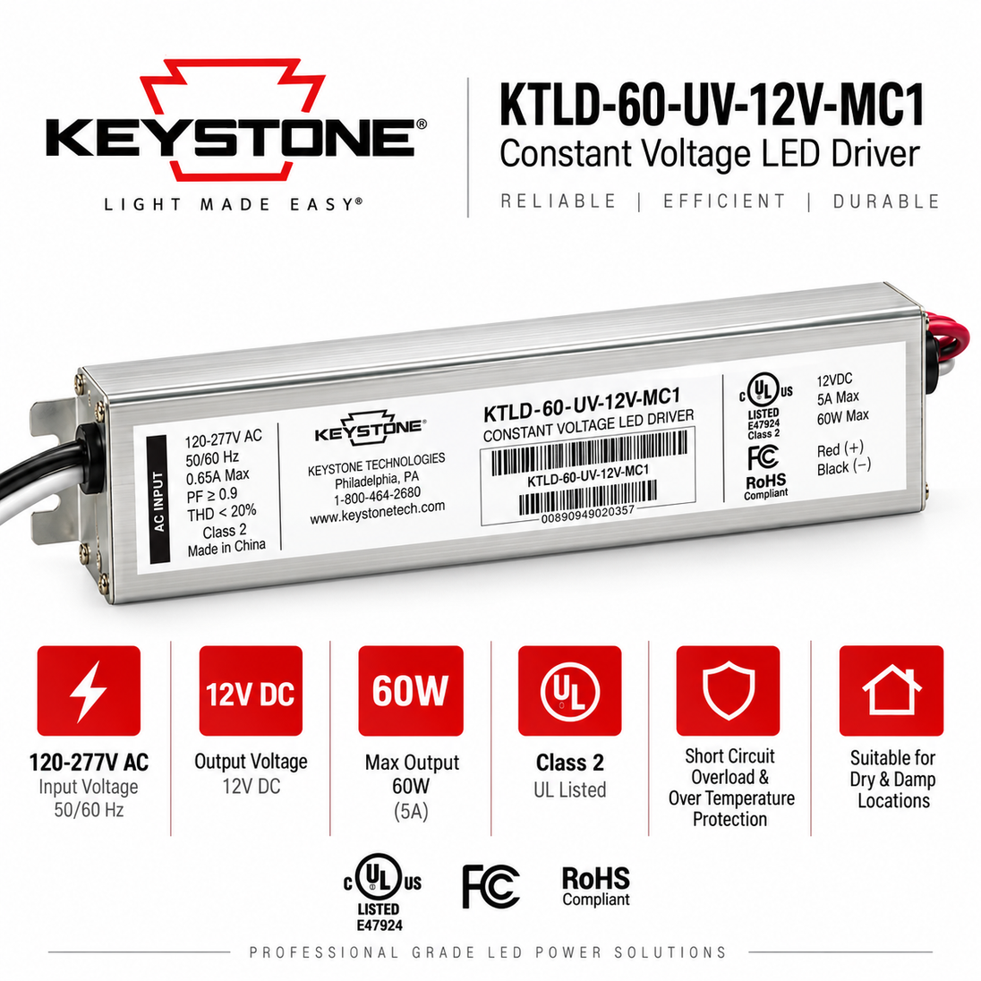 Keystone KTLD-60-UV-12V-MC1 60W 12V Pocket Constant Voltage LED Driver – 120-277V